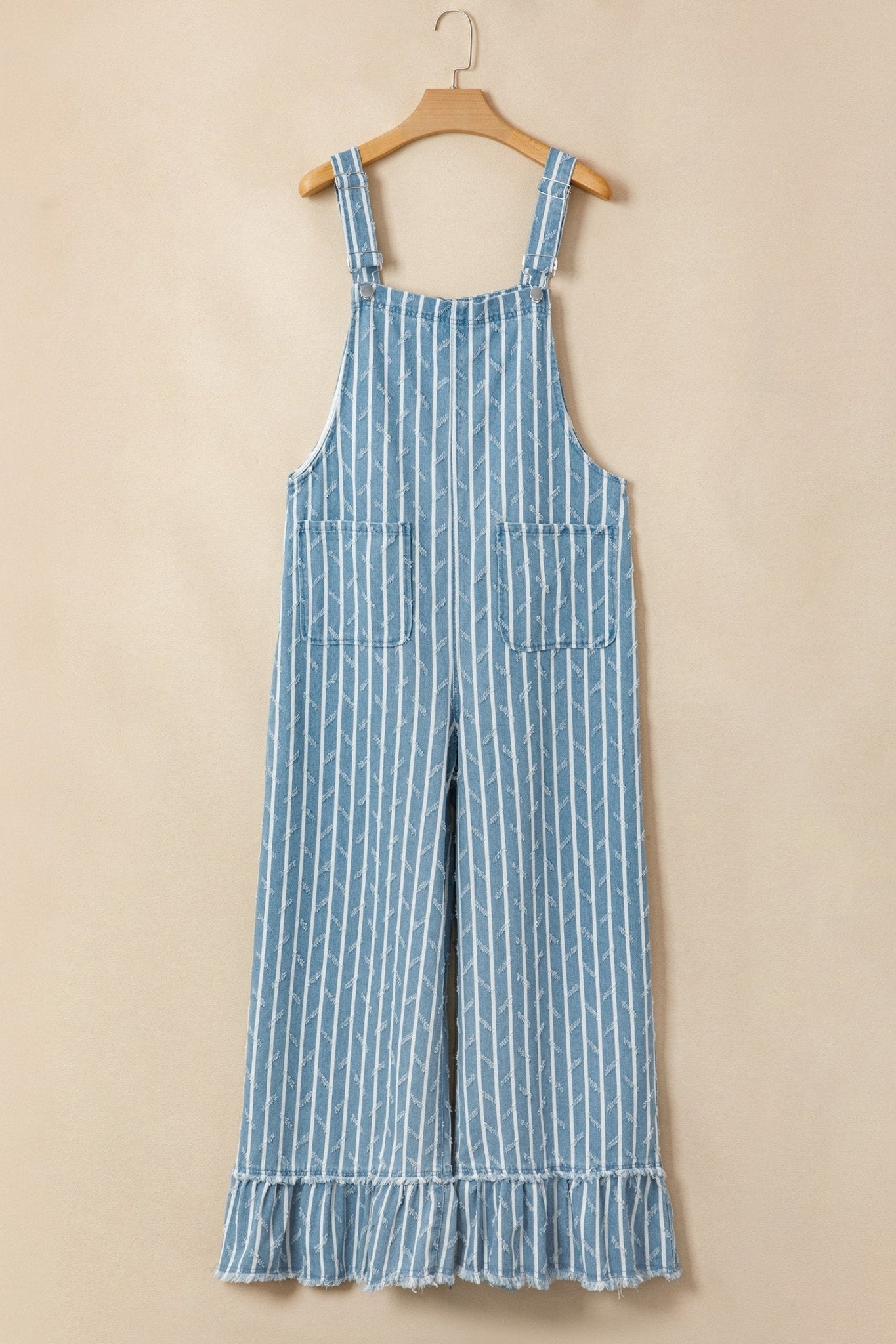 Stripe Distressed Denim Ruffle Wide Leg Overalls - Rooted & Reckless Co.