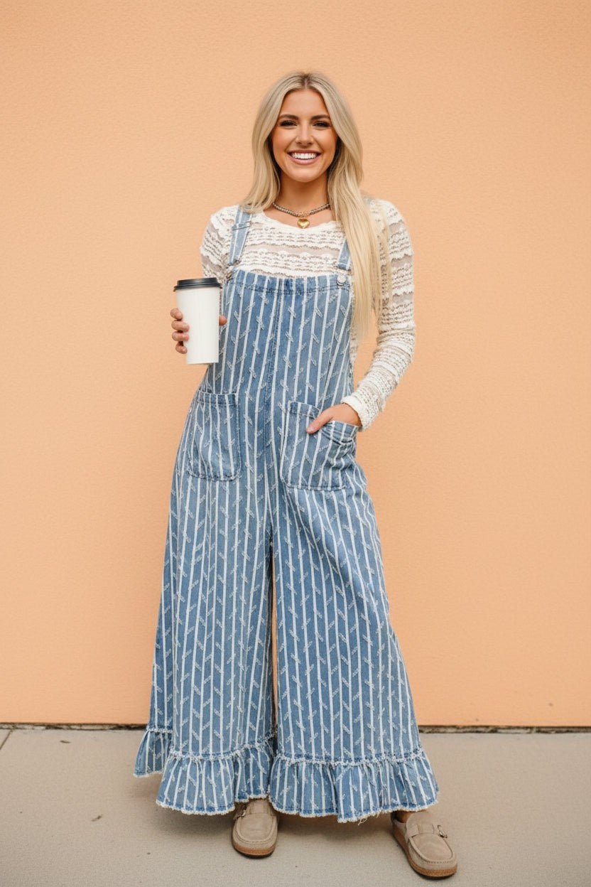 Stripe Distressed Denim Ruffle Wide Leg Overalls - Rooted & Reckless Co.