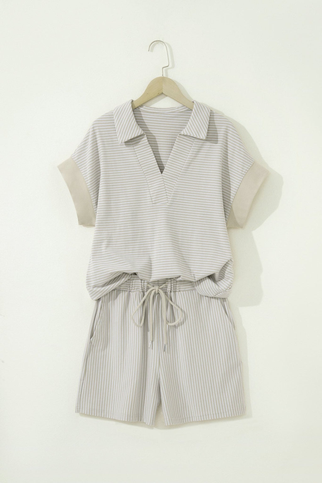 Stripe Dolman Sleeve Polo Shirt & Drawstring Shorts Set - Rooted & Reckless Co.
