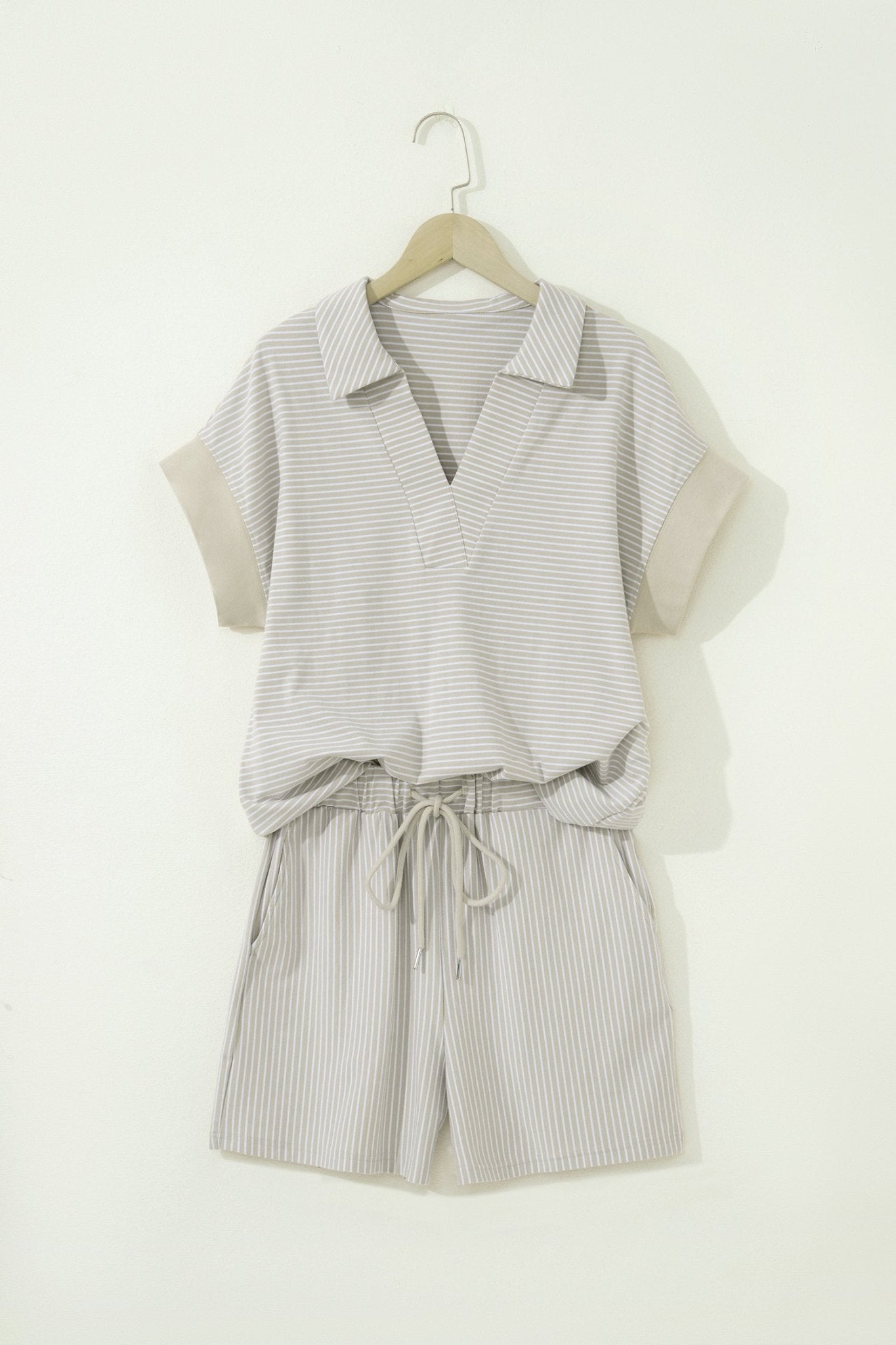 Stripe Dolman Sleeve Polo Shirt & Drawstring Shorts Set - Rooted & Reckless Co.
