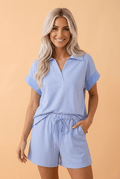 Stripe Dolman Sleeve Polo Shirt & Drawstring Shorts Set - Rooted & Reckless Co.