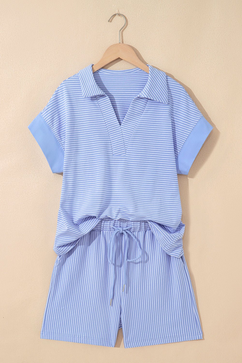 Stripe Dolman Sleeve Polo Shirt & Drawstring Shorts Set - Rooted & Reckless Co.