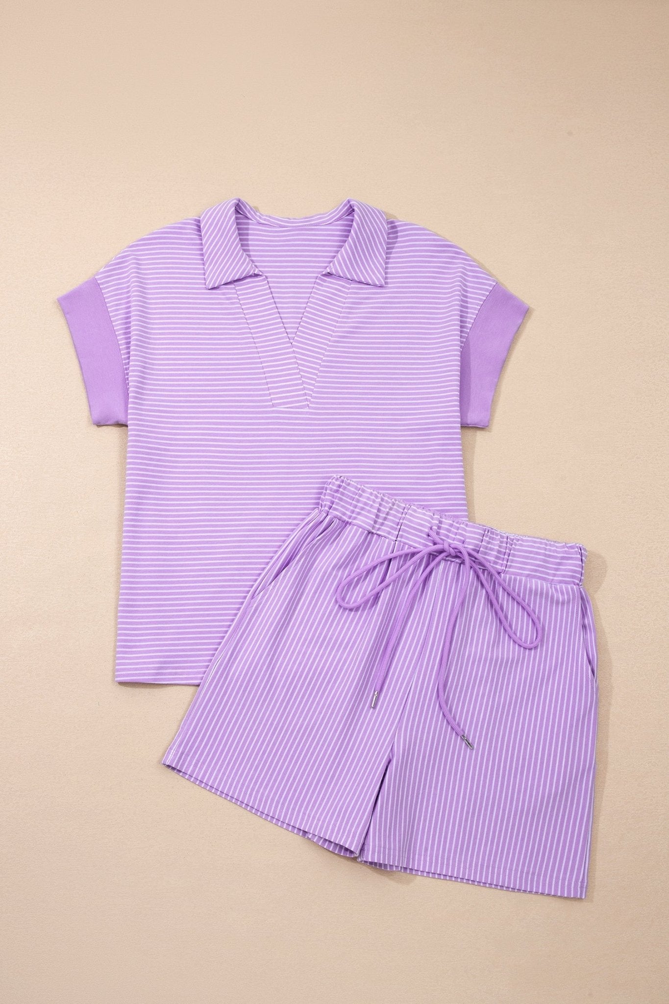 Stripe Dolman Sleeve Polo Shirt & Drawstring Shorts Set - Rooted & Reckless Co.