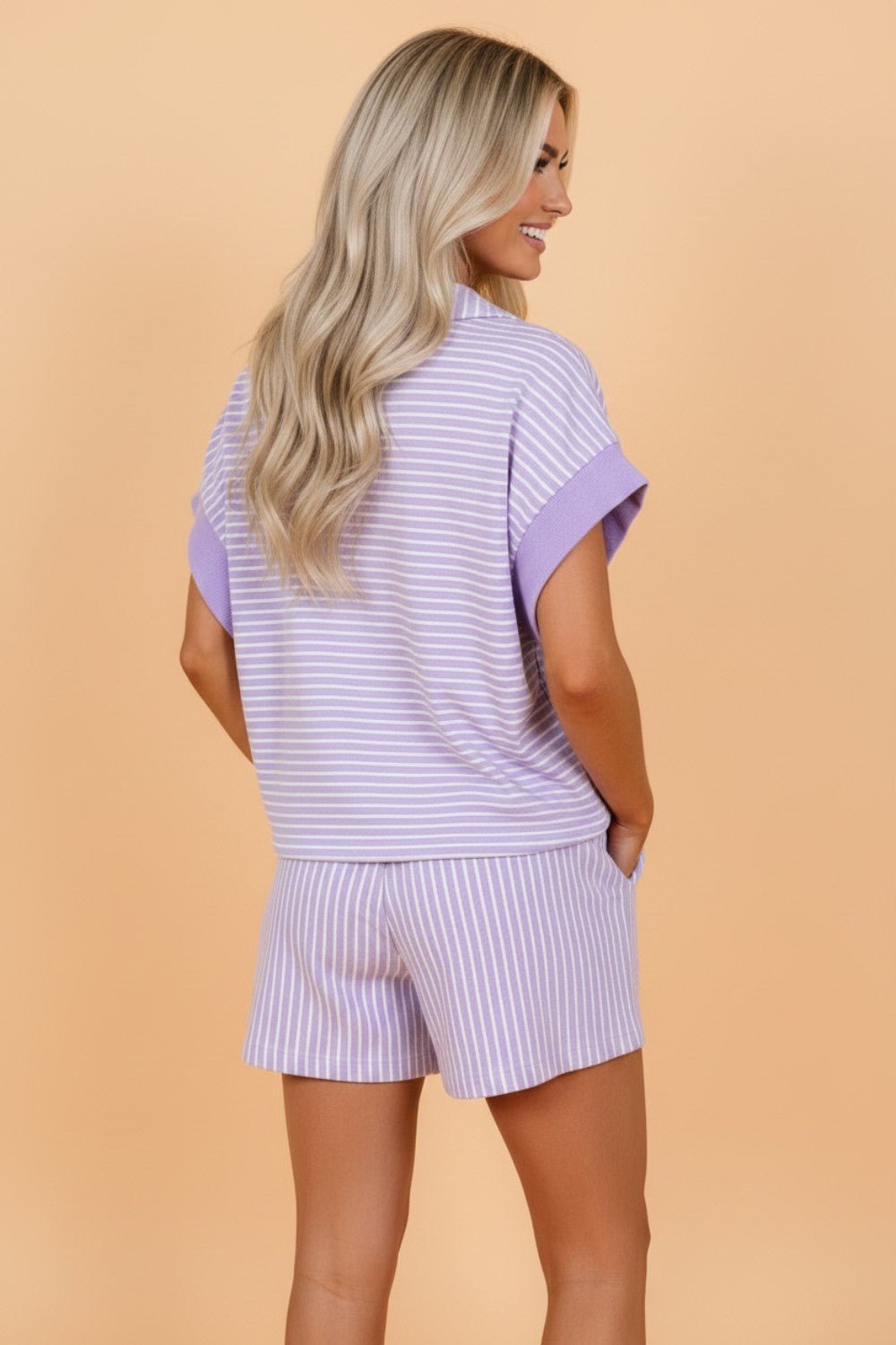 Stripe Dolman Sleeve Polo Shirt & Drawstring Shorts Set - Rooted & Reckless Co.