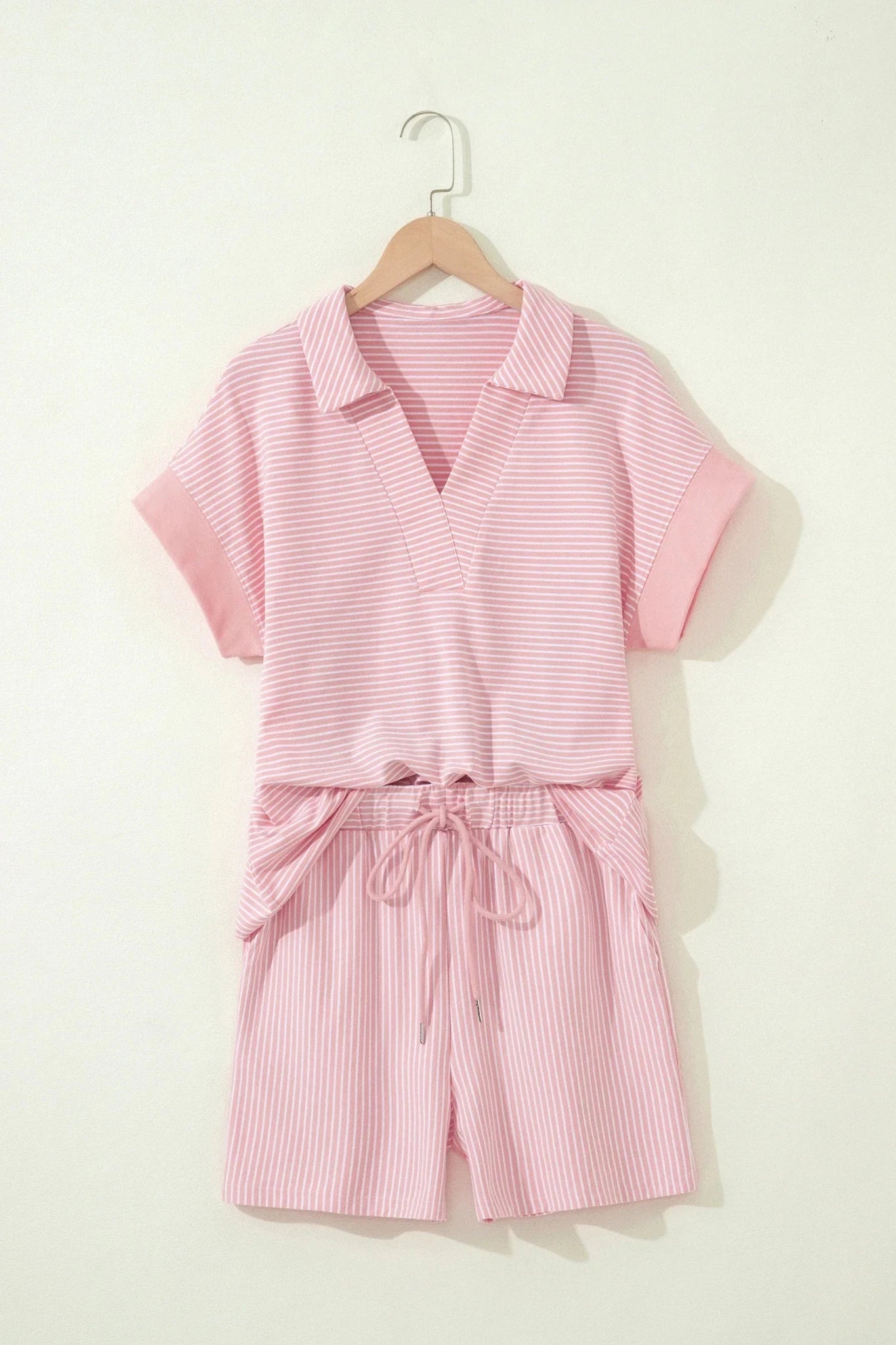 Stripe Dolman Sleeve Polo Shirt & Drawstring Shorts Set - Rooted & Reckless Co.