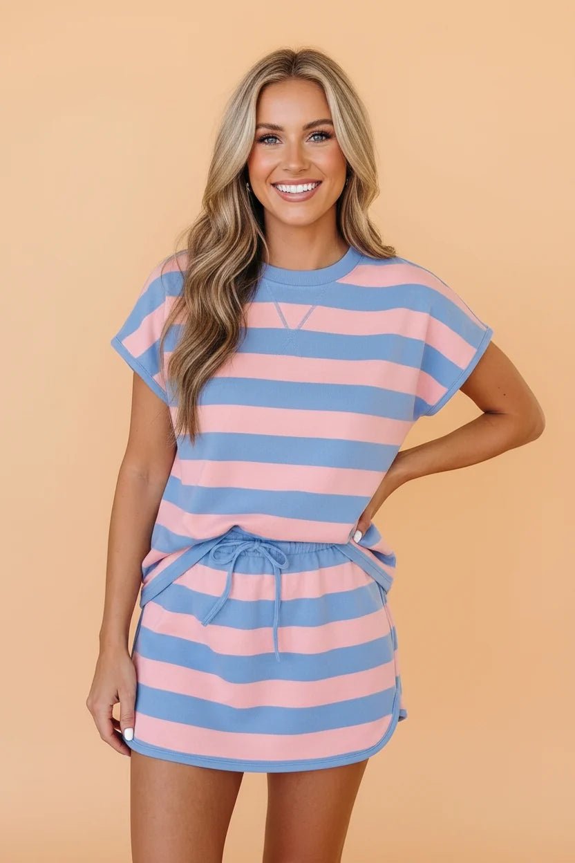Stripe Dolman Tee & Drawstring Skort Set - Rooted & Reckless Co.