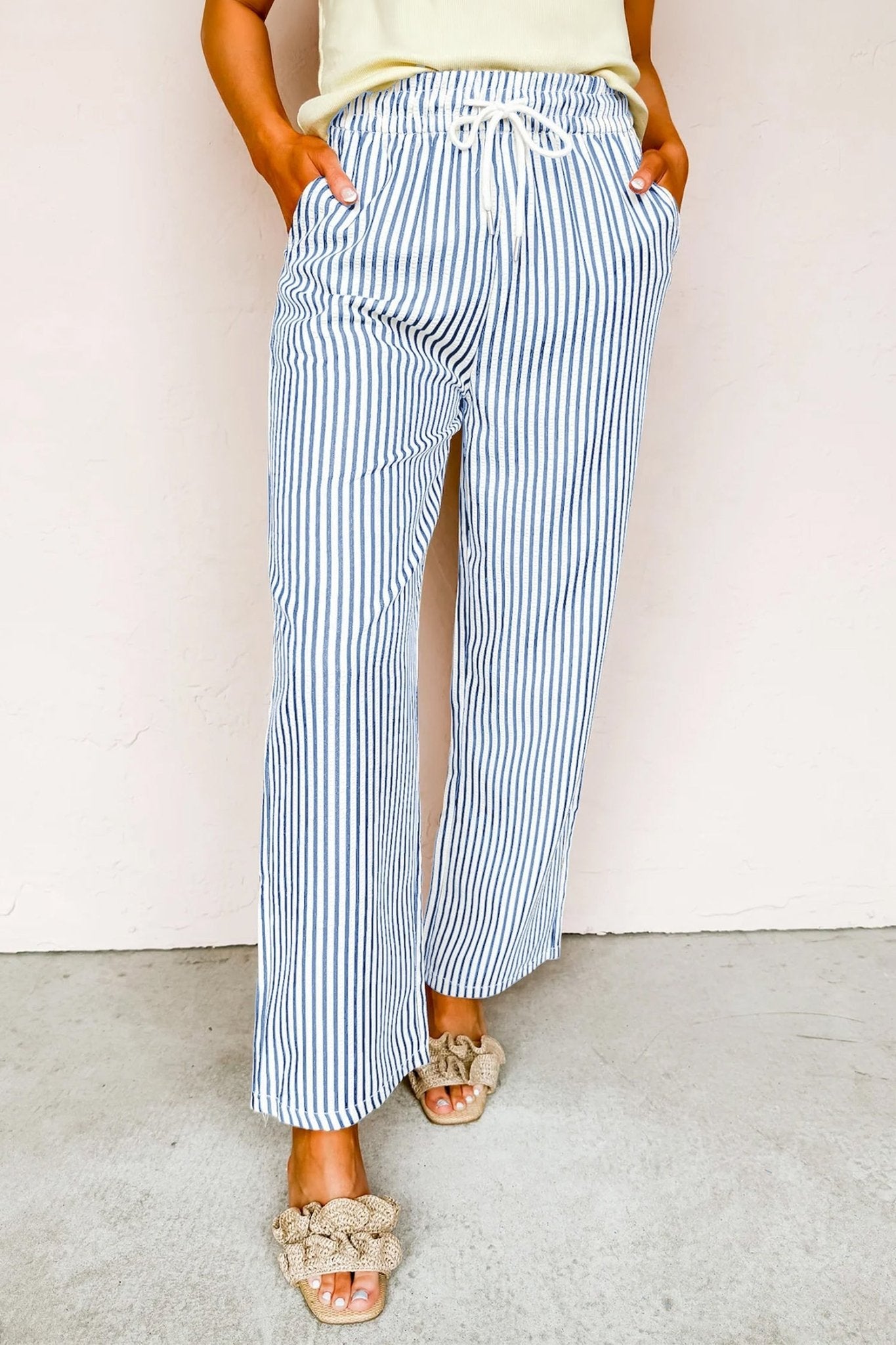 Stripe Drawstring Elastic Waist Wide Leg Pants - Rooted & Reckless Co.