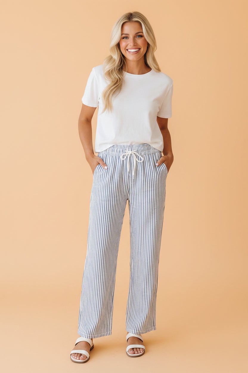 Stripe Drawstring Elastic Waist Wide Leg Pants - Rooted & Reckless Co.