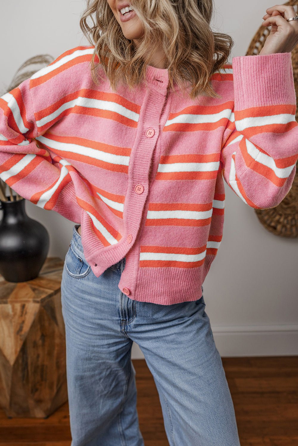 Stripe Drop Shoulder Buttoned Cardigan Sweater - Rooted & Reckless Co.