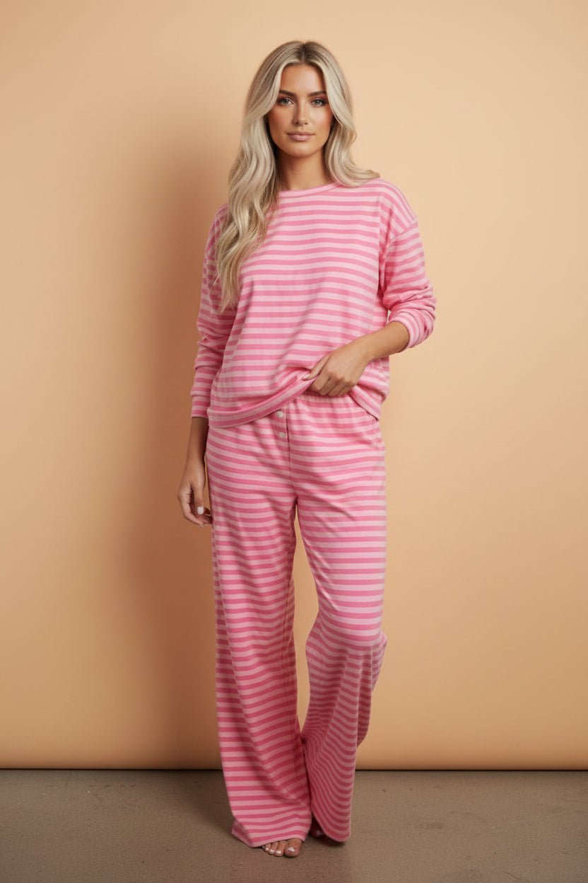 Stripe Drop Shoulder Top & Buttoned Pants Set - Rooted & Reckless Co.