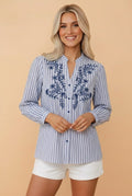 Stripe Embroidered Button Front Long Sleeve Shirt - Rooted & Reckless Co.