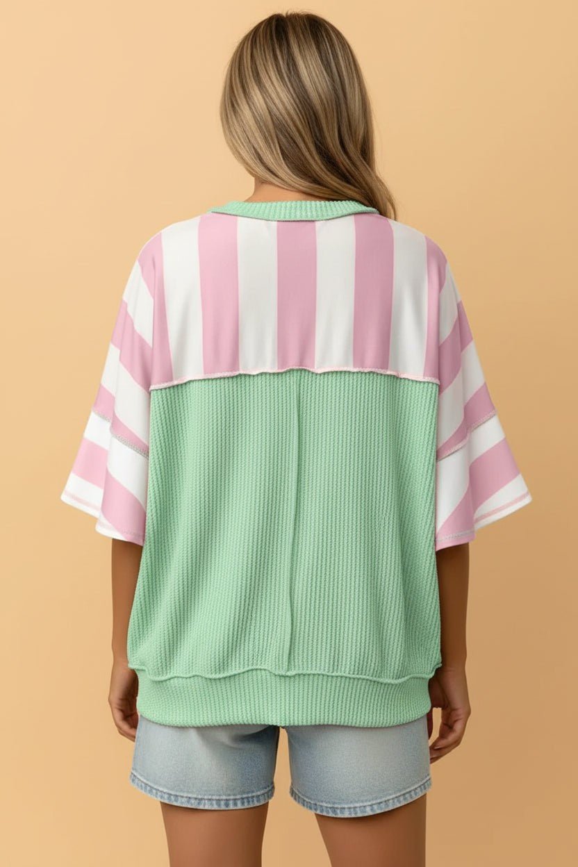 Stripe Exposed Seam Ribbed Patchwork Oversized Tee - Rooted & Reckless Co.