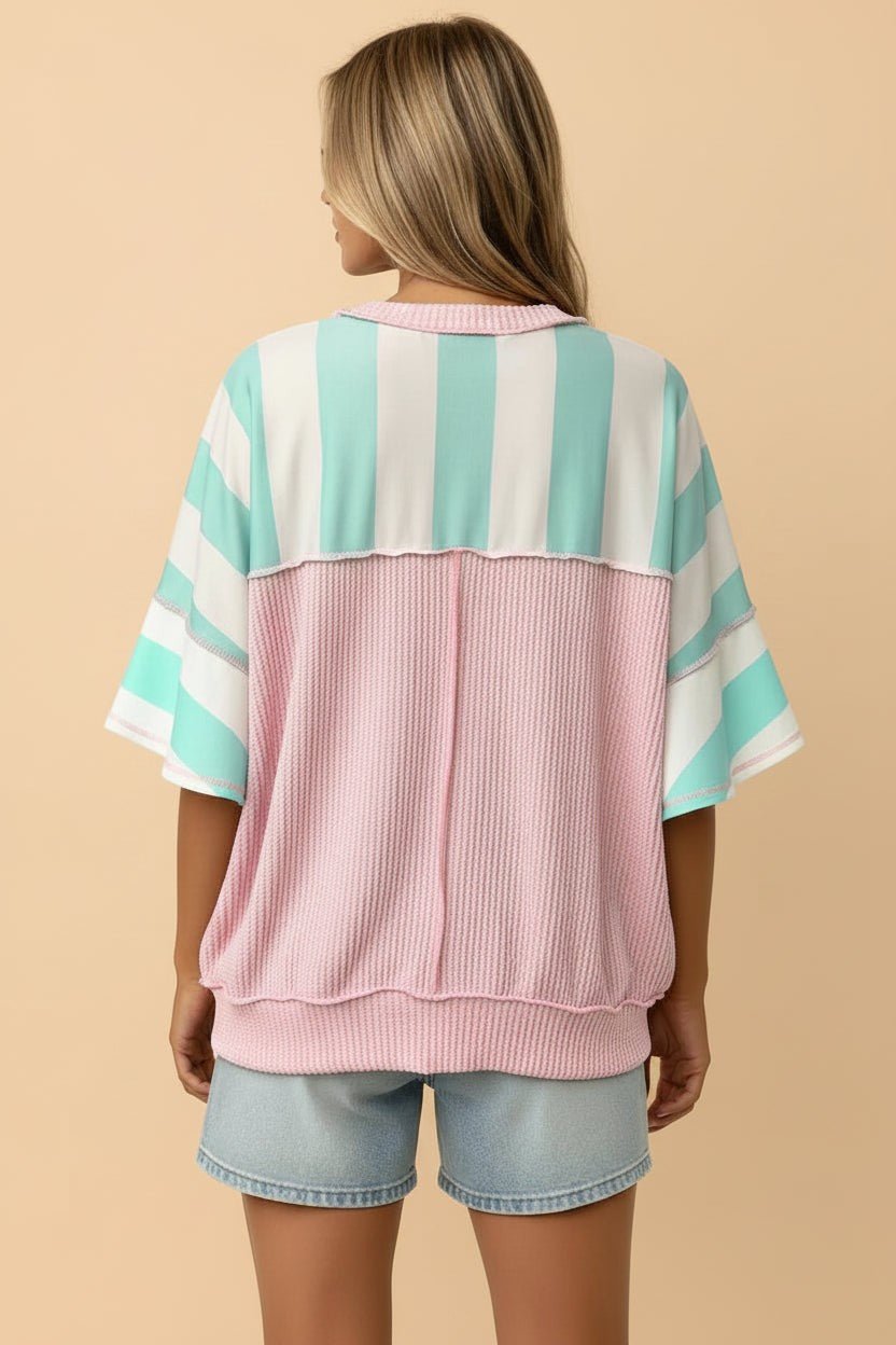 Stripe Exposed Seam Ribbed Patchwork Oversized Tee - Rooted & Reckless Co.