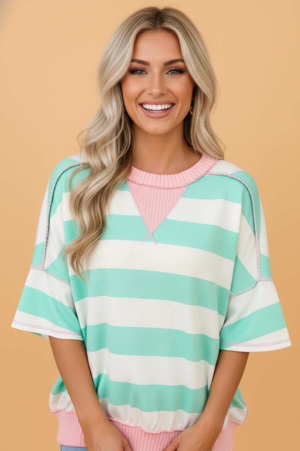 Stripe Exposed Seam Ribbed Patchwork Oversized Tee - Rooted & Reckless Co.