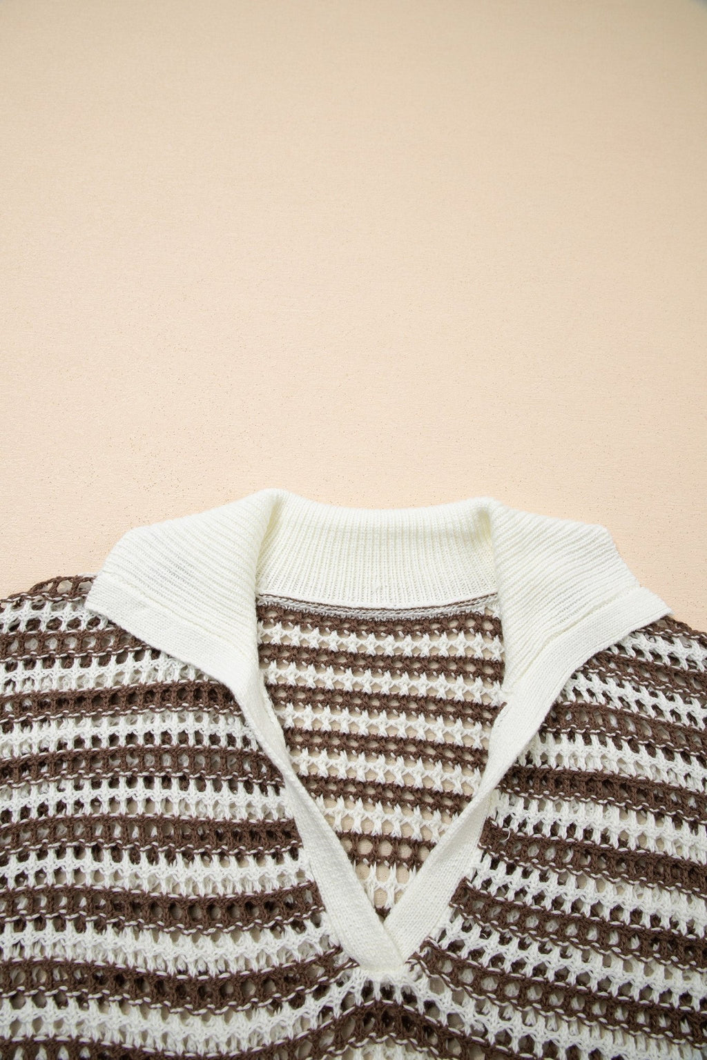 Stripe Eyelet Contrast Collared V-Neck Sweater - Rooted & Reckless Co.