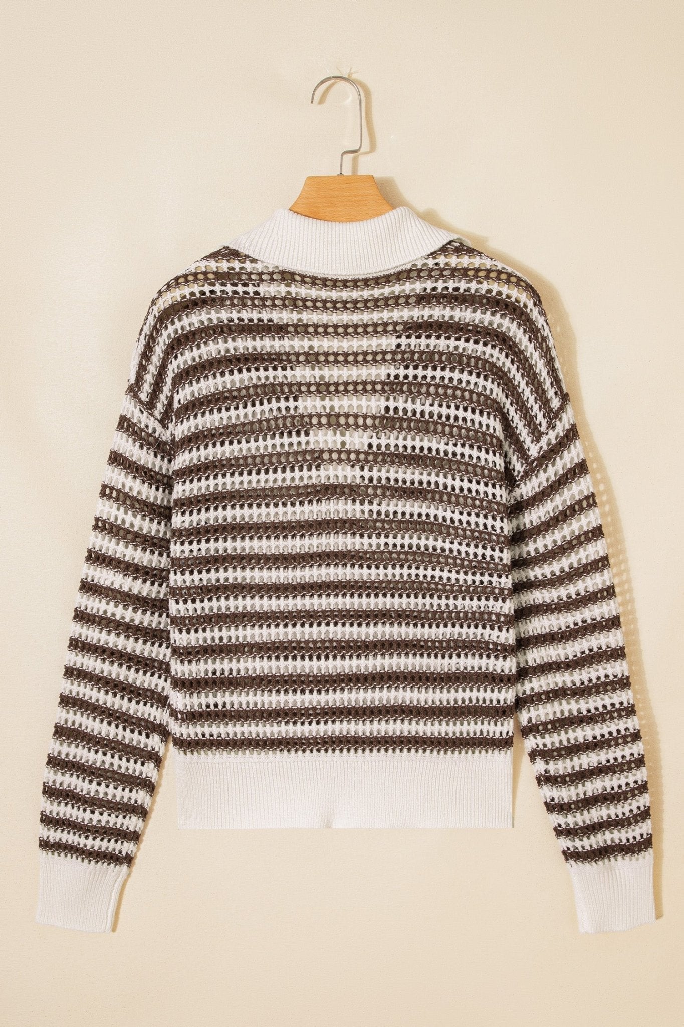 Stripe Eyelet Contrast Collared V-Neck Sweater - Rooted & Reckless Co.