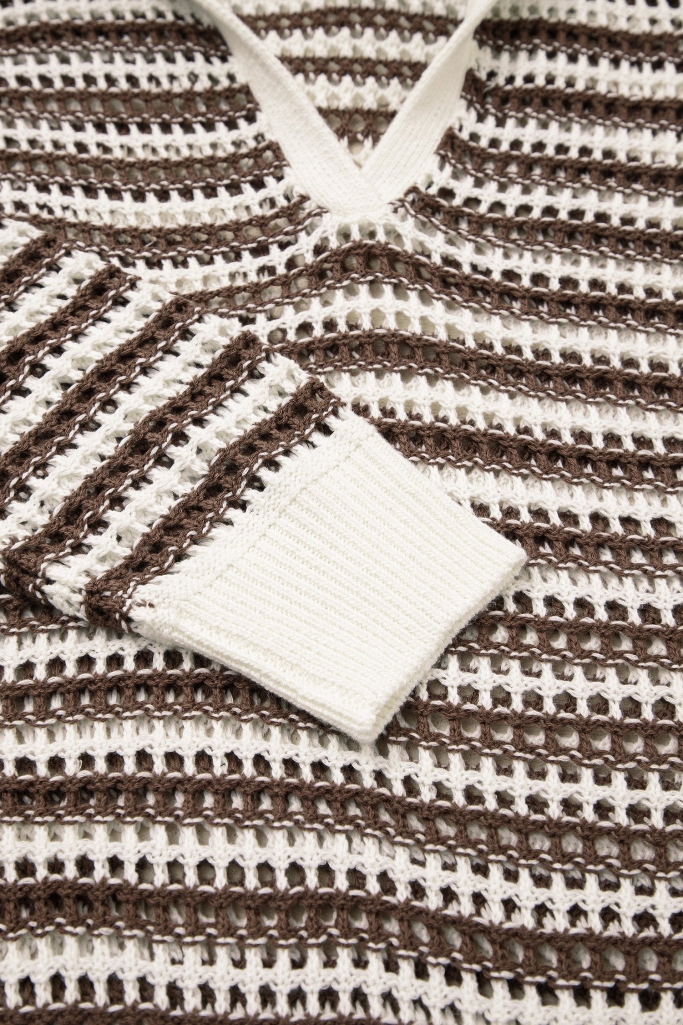 Stripe Eyelet Contrast Collared V-Neck Sweater - Rooted & Reckless Co.