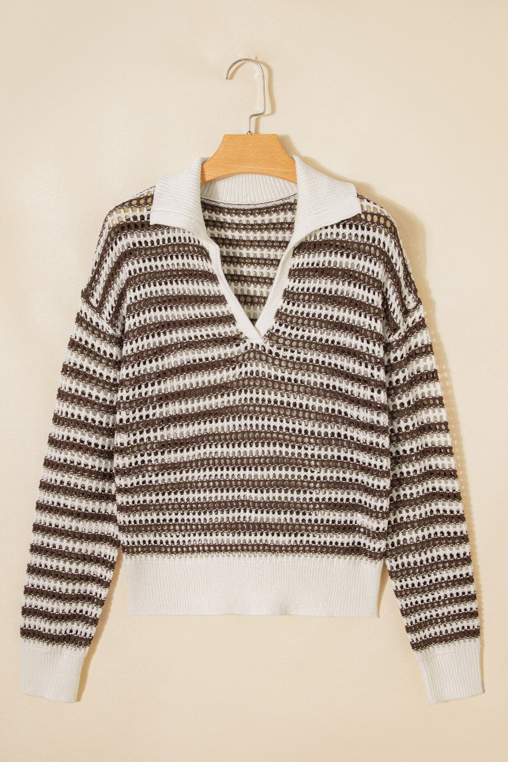 Stripe Eyelet Contrast Collared V-Neck Sweater - Rooted & Reckless Co.