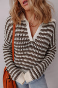 Stripe Eyelet Contrast Collared V-Neck Sweater - Rooted & Reckless Co.