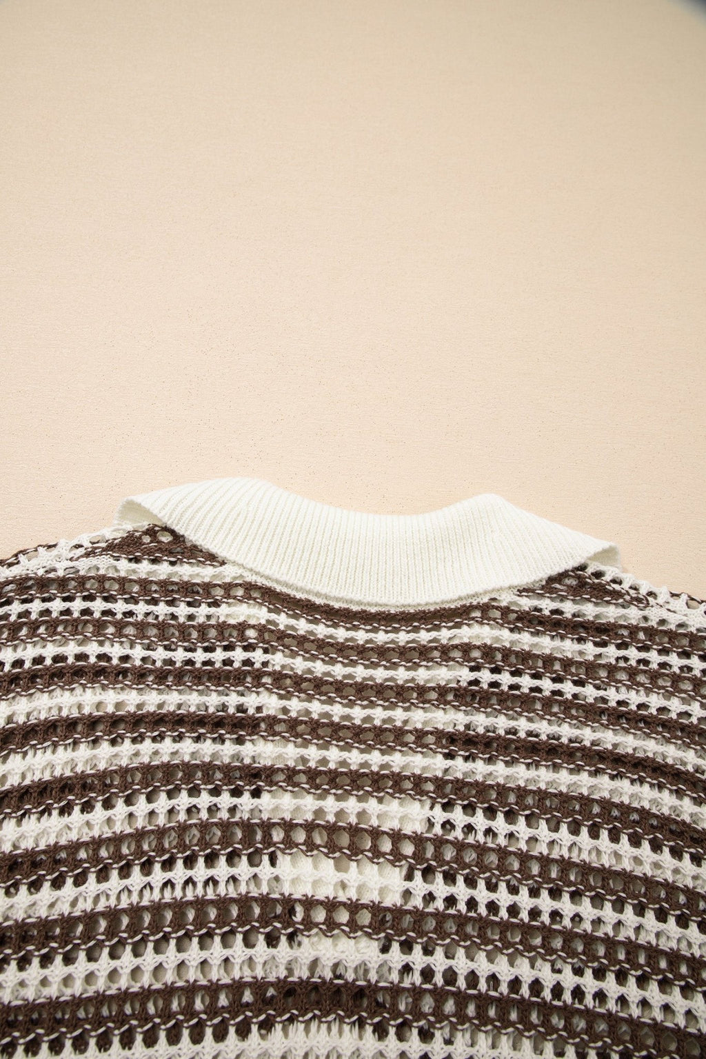Stripe Eyelet Contrast Collared V-Neck Sweater - Rooted & Reckless Co.