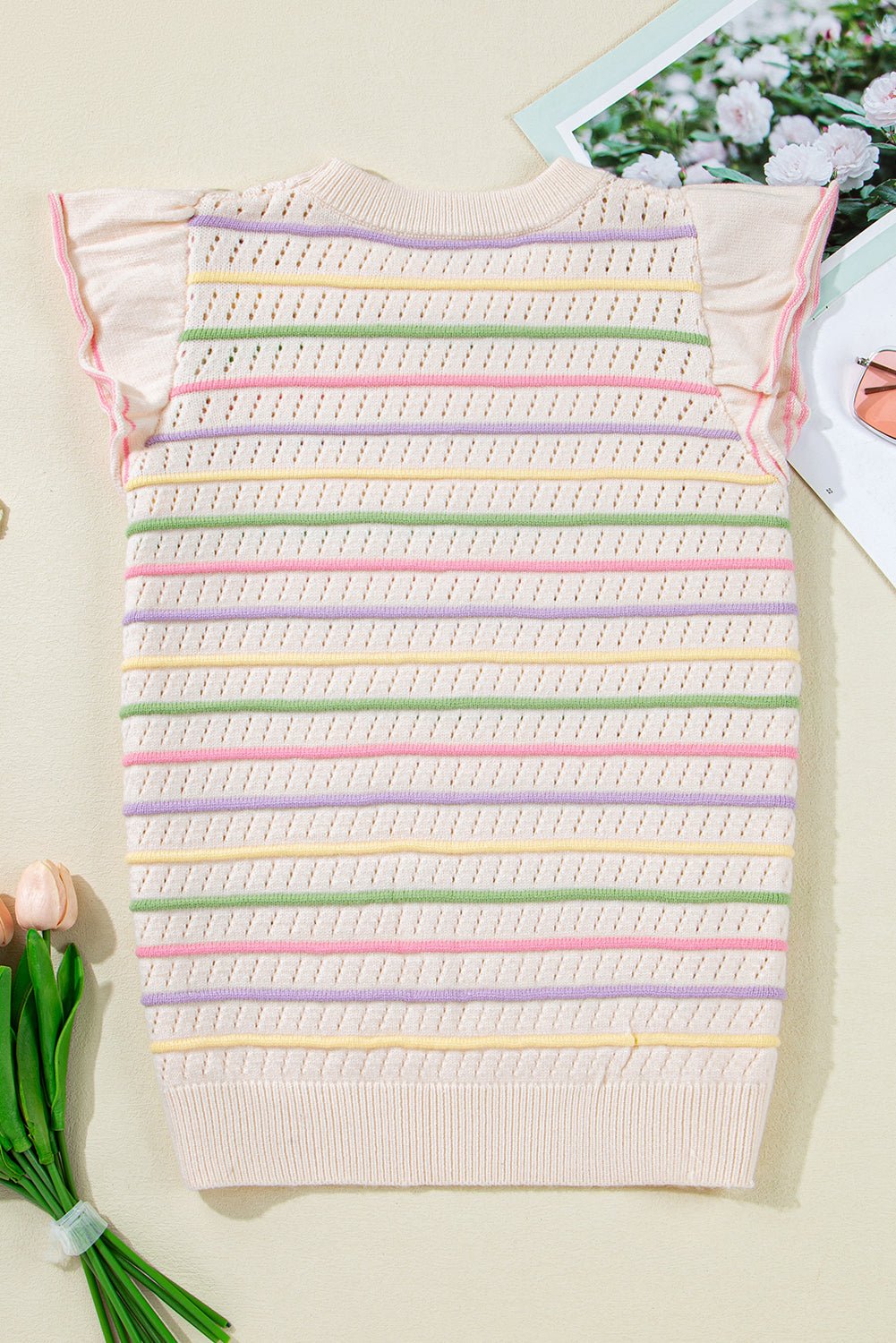 Stripe Eyelet Knit Ruffle Sleeve Sweater - Rooted & Reckless Co.