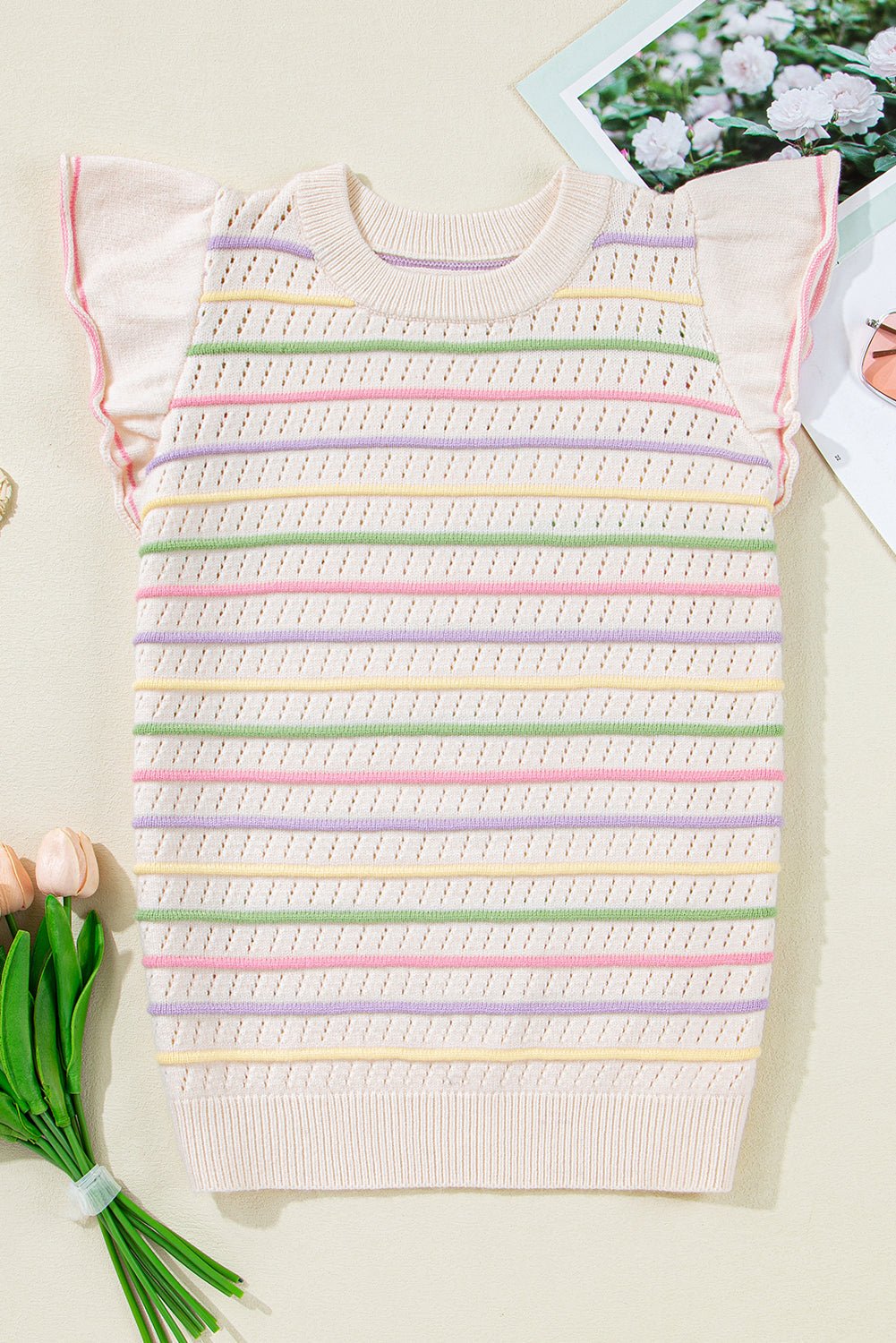 Stripe Eyelet Knit Ruffle Sleeve Sweater - Rooted & Reckless Co.