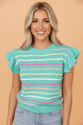 Stripe Eyelet Knit Ruffle Sleeve Sweater - Rooted & Reckless Co.