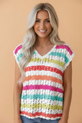 Stripe Eyelet Knit V-Neck Short Sleeve Sweater Tee - Rooted & Reckless Co.