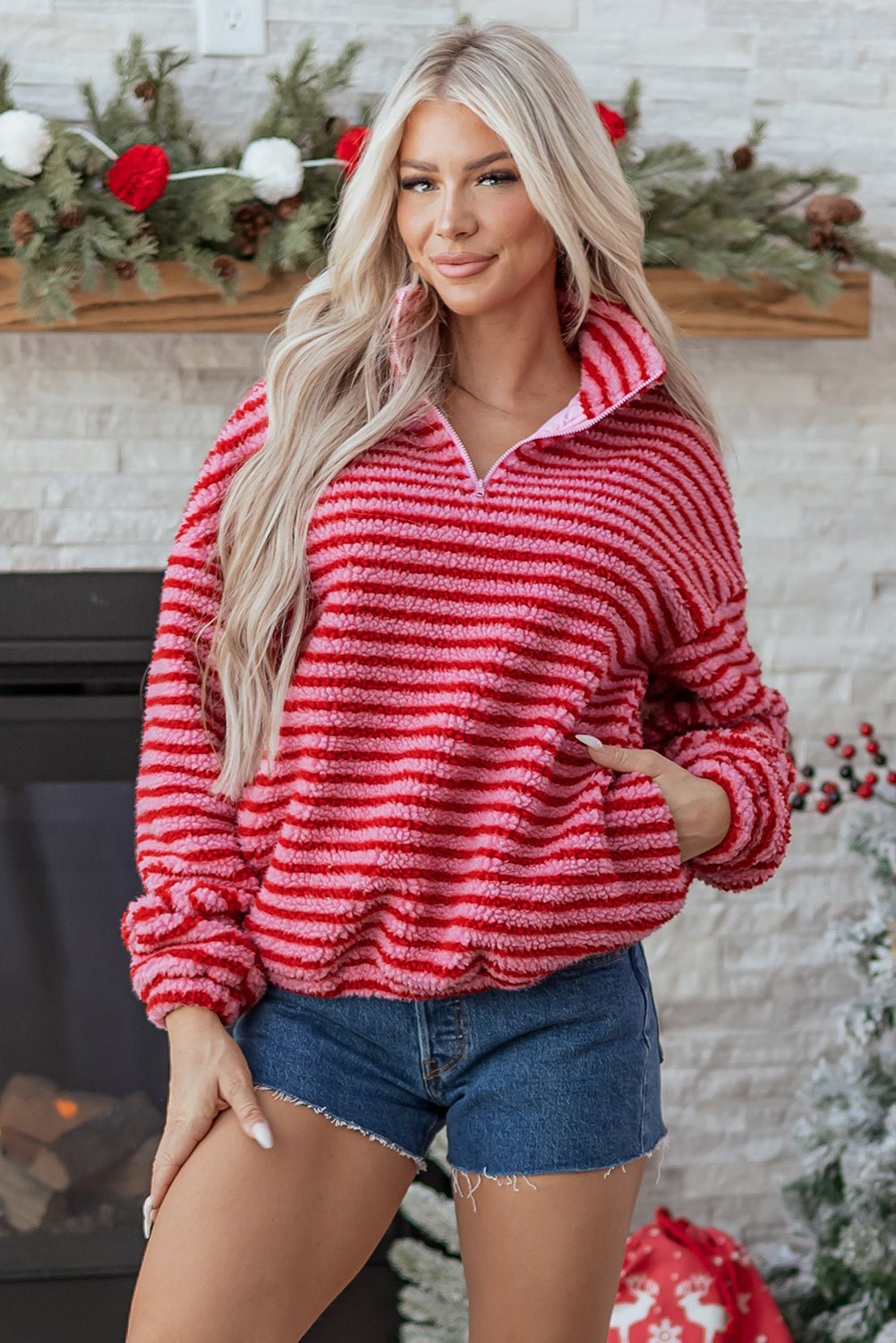 Stripe Fleece Quarter Zip Oversize Sweatshirt - Rooted & Reckless Co.