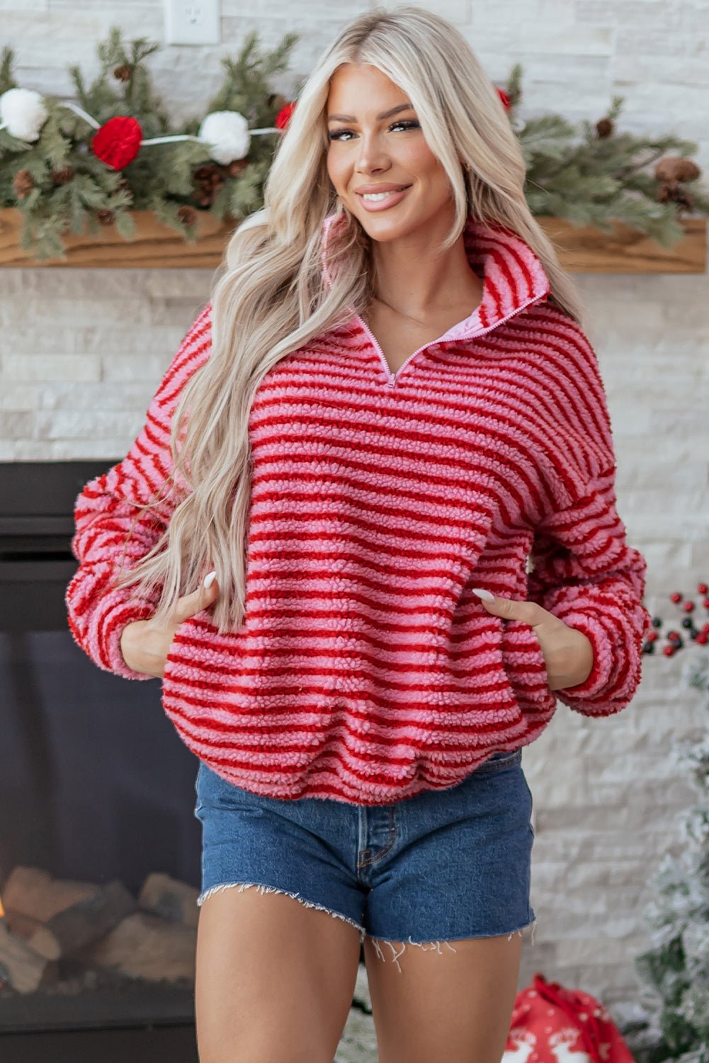 Stripe Fleece Quarter Zip Oversize Sweatshirt - Rooted & Reckless Co.