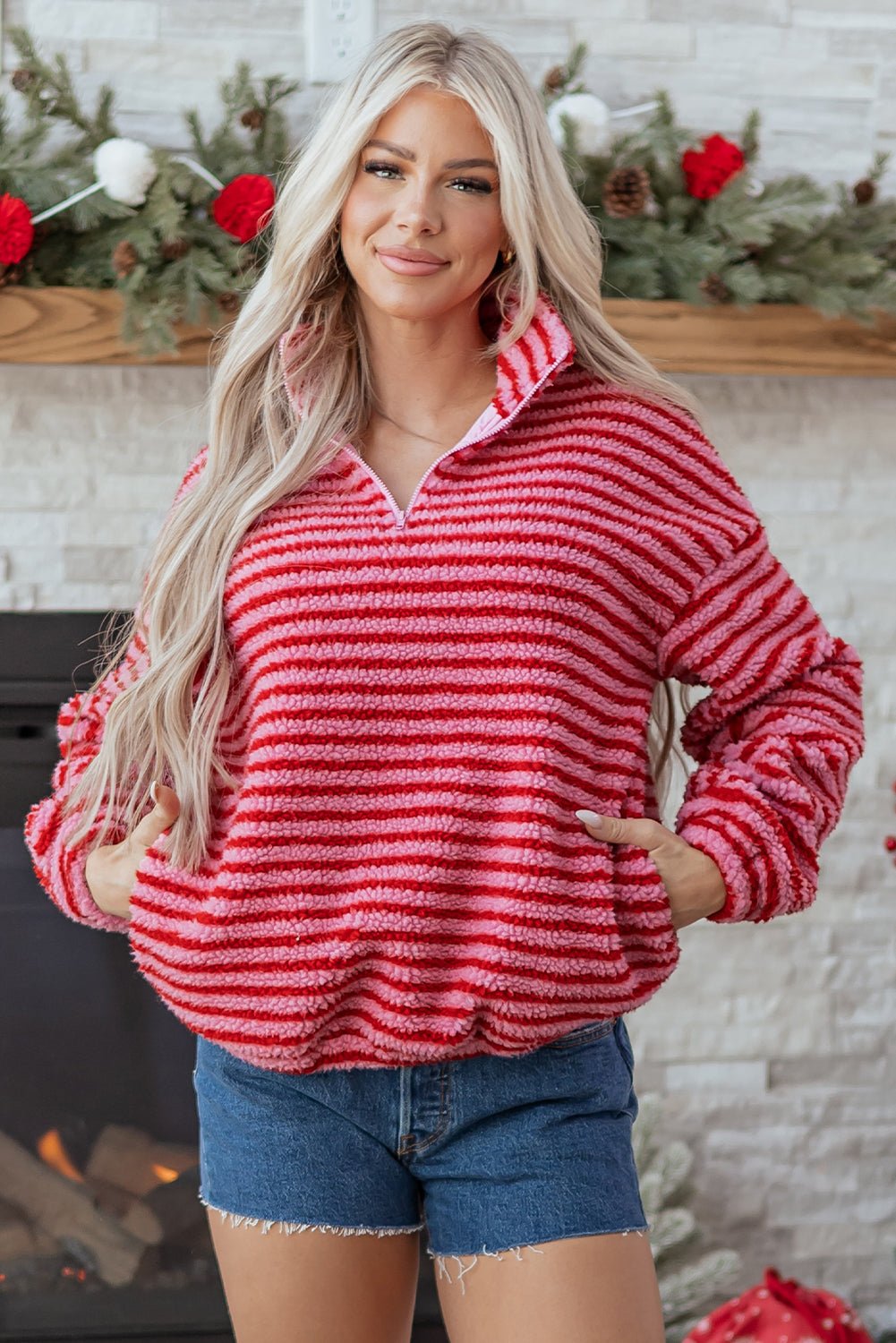 Stripe Fleece Quarter Zip Oversize Sweatshirt - Rooted & Reckless Co.