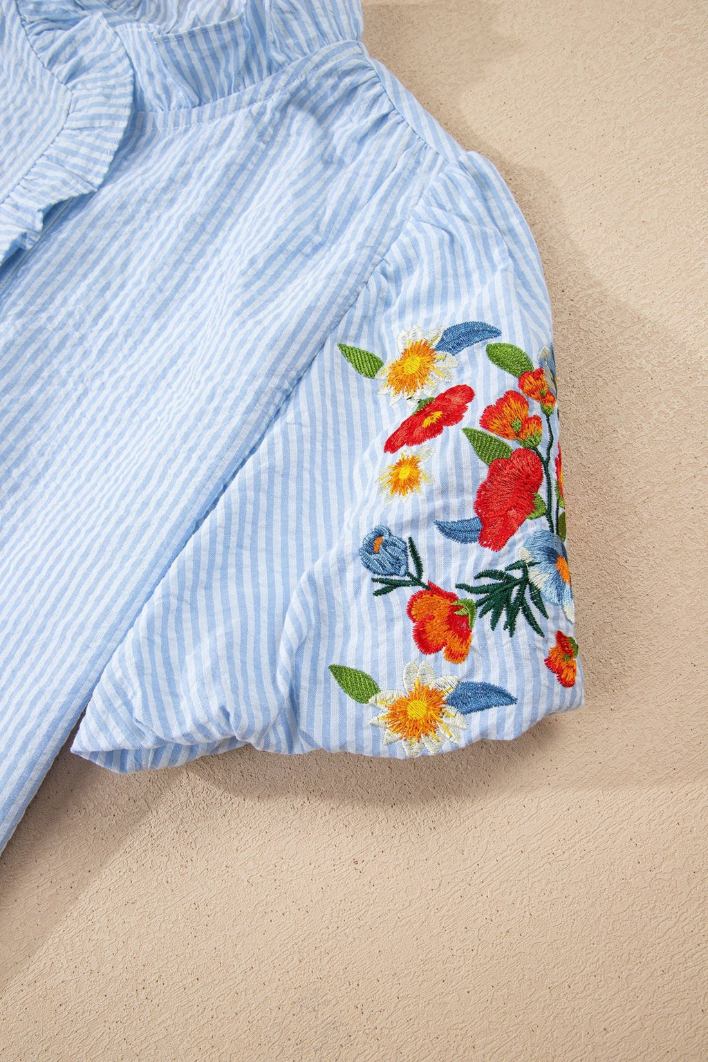 Stripe Floral Embroidered Puff Sleeve Ruffle Trim Shirt - Rooted & Reckless Co.