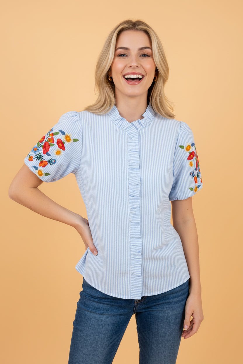 Stripe Floral Embroidered Puff Sleeve Ruffle Trim Shirt - Rooted & Reckless Co.