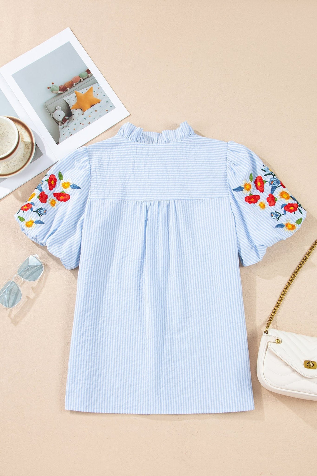 Stripe Floral Embroidered Puff Sleeve Ruffle Trim Shirt - Rooted & Reckless Co.