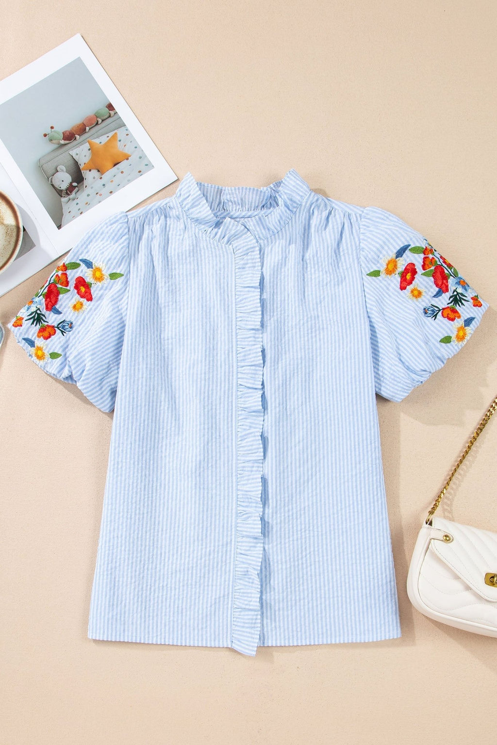 Stripe Floral Embroidered Puff Sleeve Ruffle Trim Shirt - Rooted & Reckless Co.