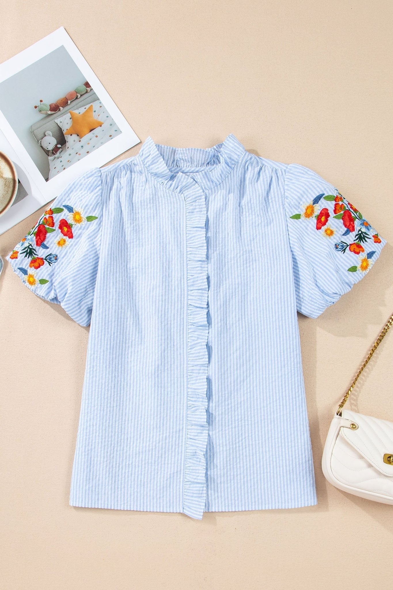 Stripe Floral Embroidered Puff Sleeve Ruffle Trim Shirt - Rooted & Reckless Co.