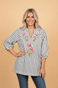 Stripe Floral Embroidered V-Neck 3/4 Sleeve Blouse - Rooted & Reckless Co.