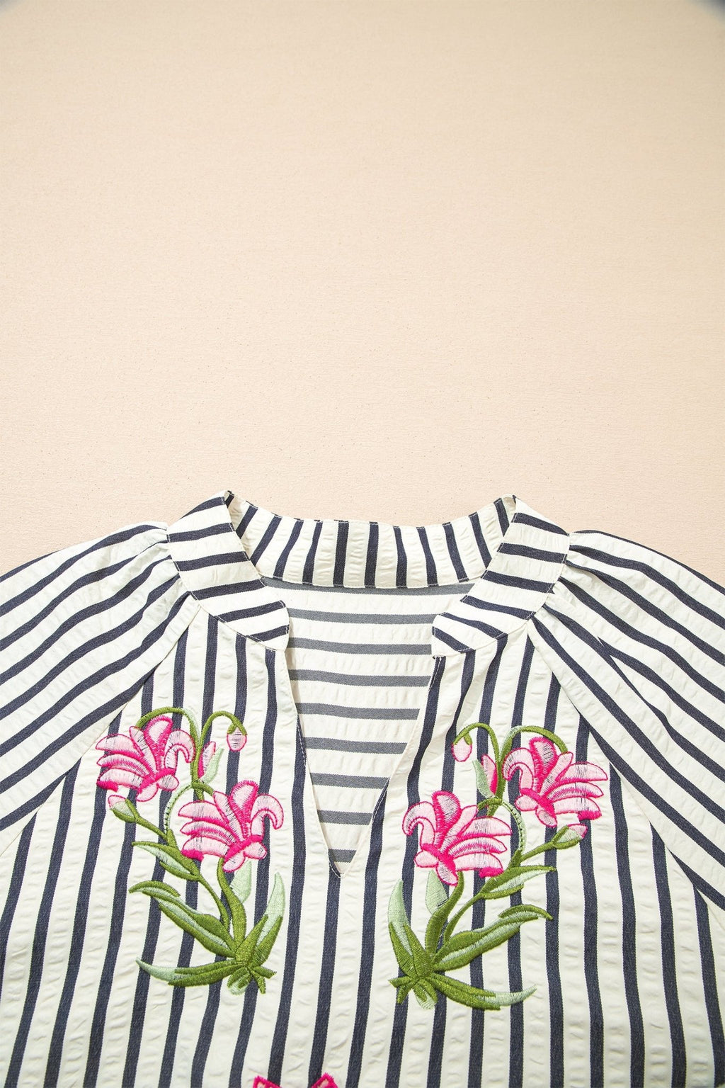 Stripe Floral Embroidered V-Neck 3/4 Sleeve Blouse - Rooted & Reckless Co.