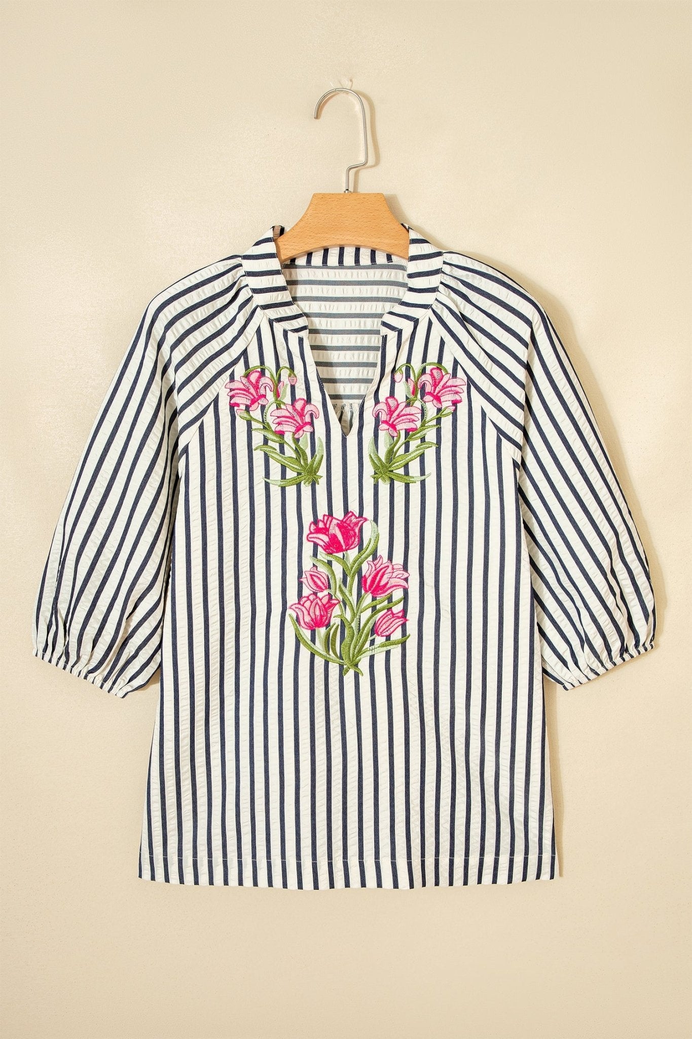 Stripe Floral Embroidered V-Neck 3/4 Sleeve Blouse - Rooted & Reckless Co.