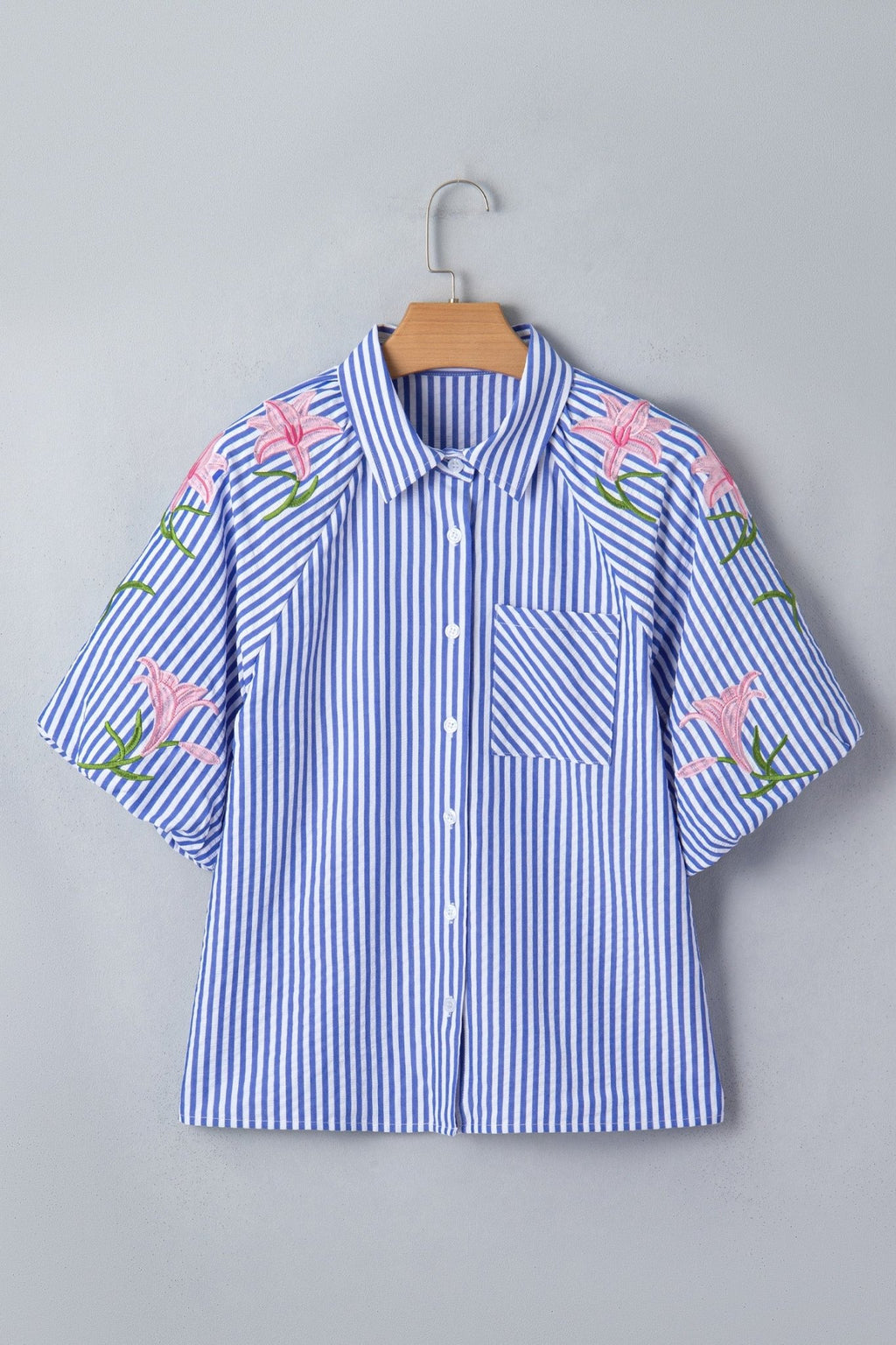 Stripe Floral Lily Embroidered Puff Sleeve Shirt - Rooted & Reckless Co.