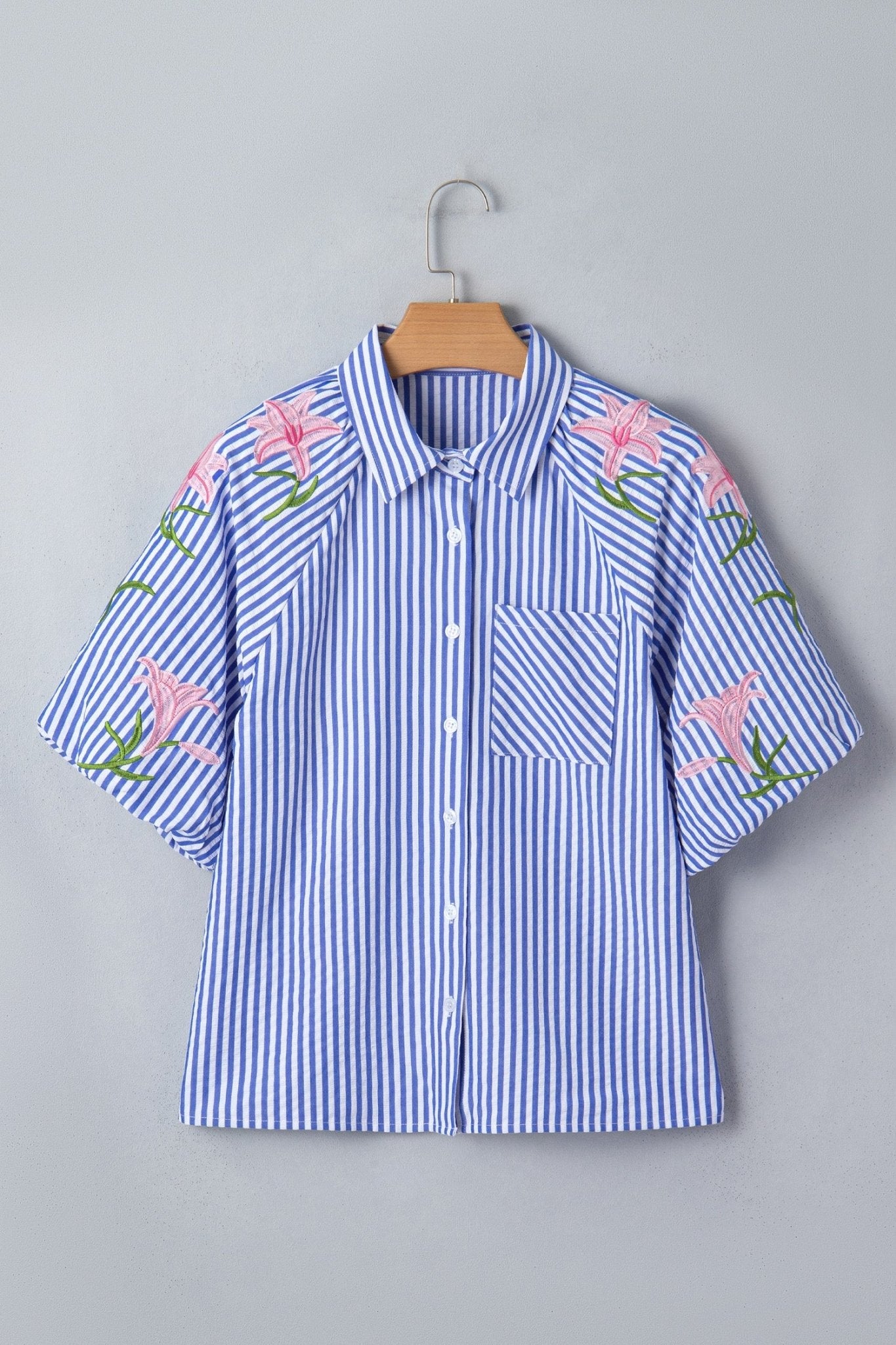 Stripe Floral Lily Embroidered Puff Sleeve Shirt - Rooted & Reckless Co.