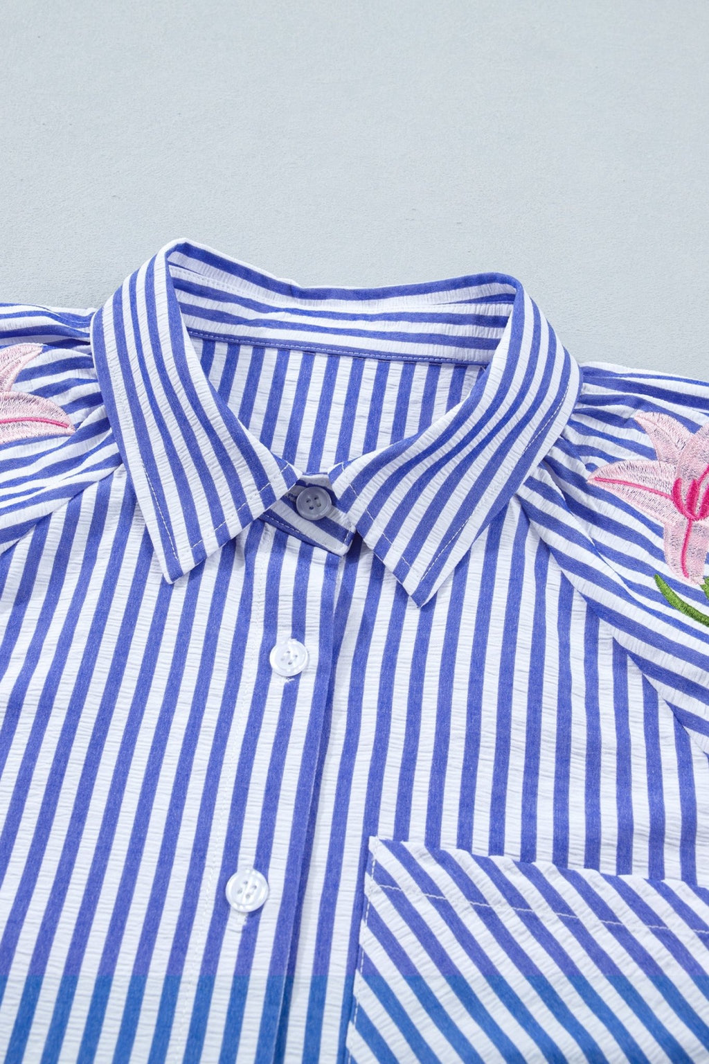 Stripe Floral Lily Embroidered Puff Sleeve Shirt - Rooted & Reckless Co.