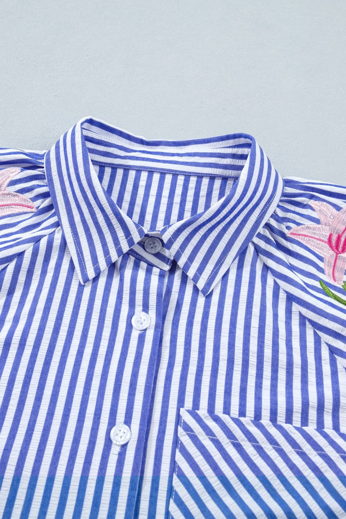Stripe Floral Lily Embroidered Puff Sleeve Shirt - Rooted & Reckless Co.