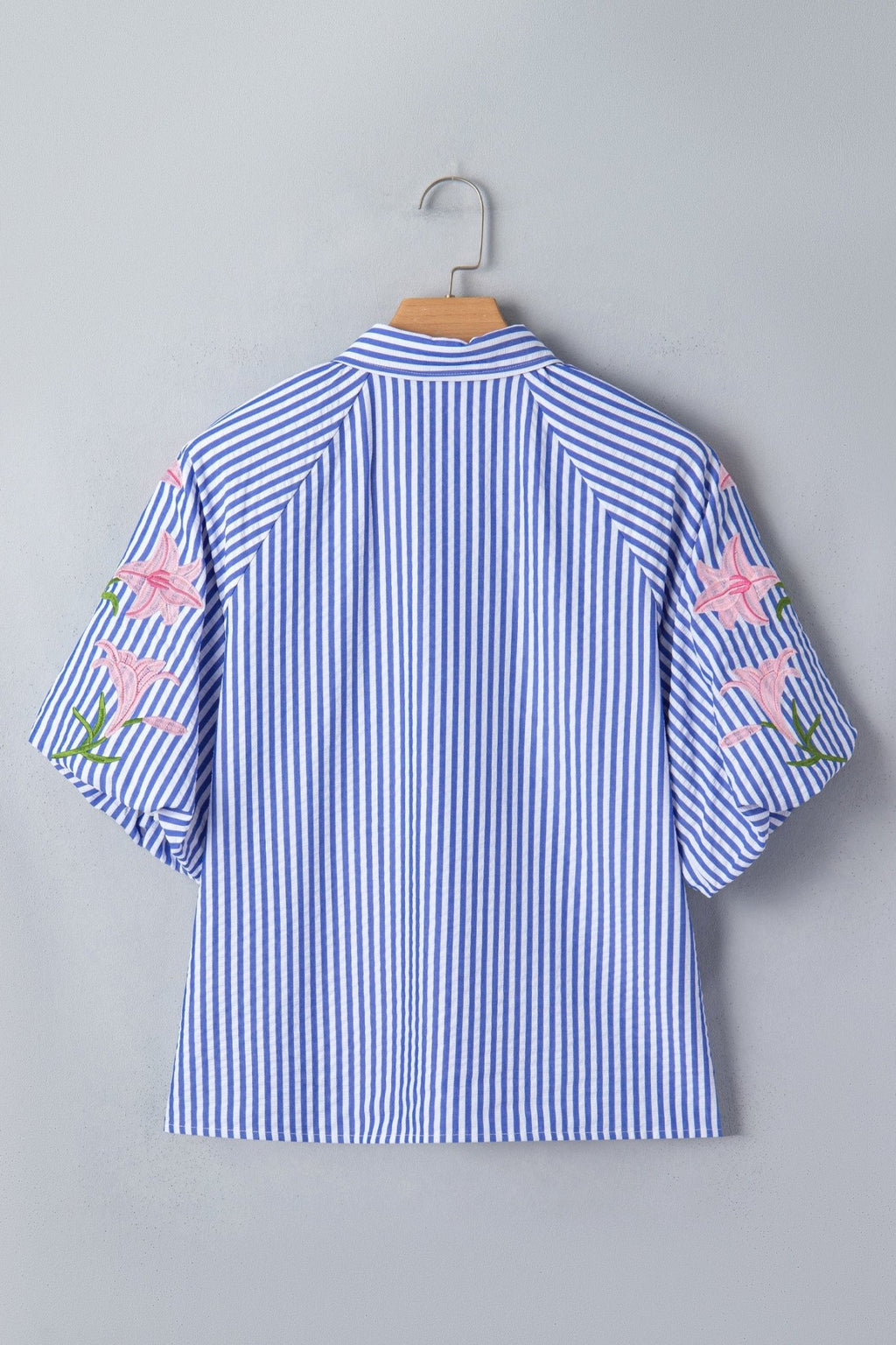 Stripe Floral Lily Embroidered Puff Sleeve Shirt - Rooted & Reckless Co.