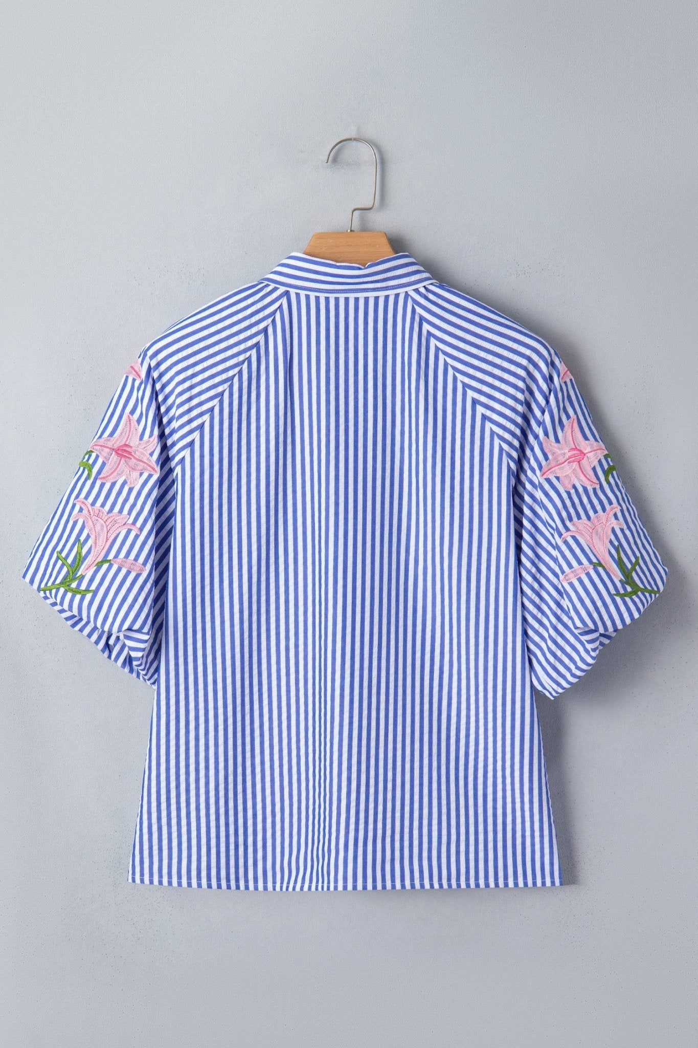 Stripe Floral Lily Embroidered Puff Sleeve Shirt - Rooted & Reckless Co.