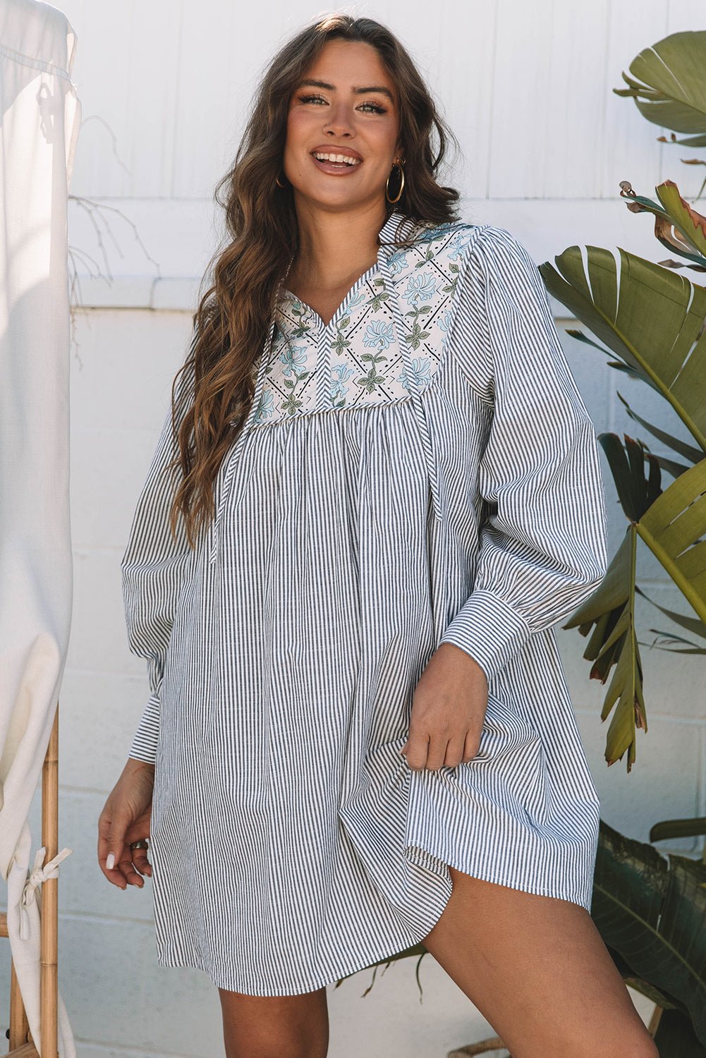 Stripe Floral Patchwork Tied V-Neck Mini Dress - Rooted & Reckless Co.