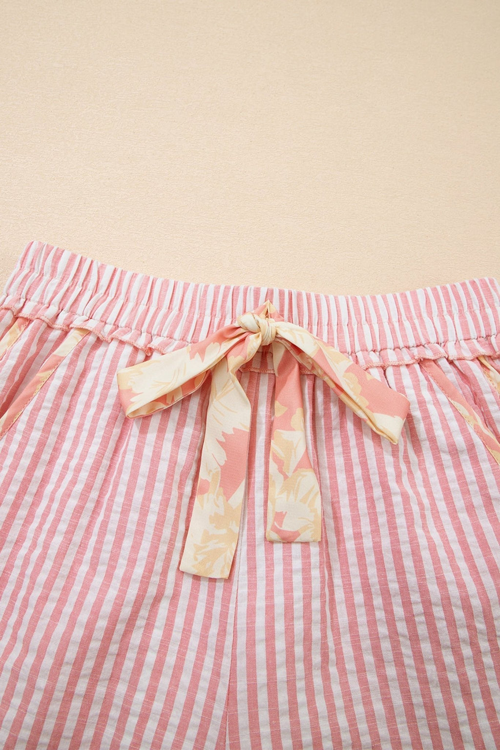 Stripe Floral Trim Ribbon Drawstring Waist Shorts - Rooted & Reckless Co.