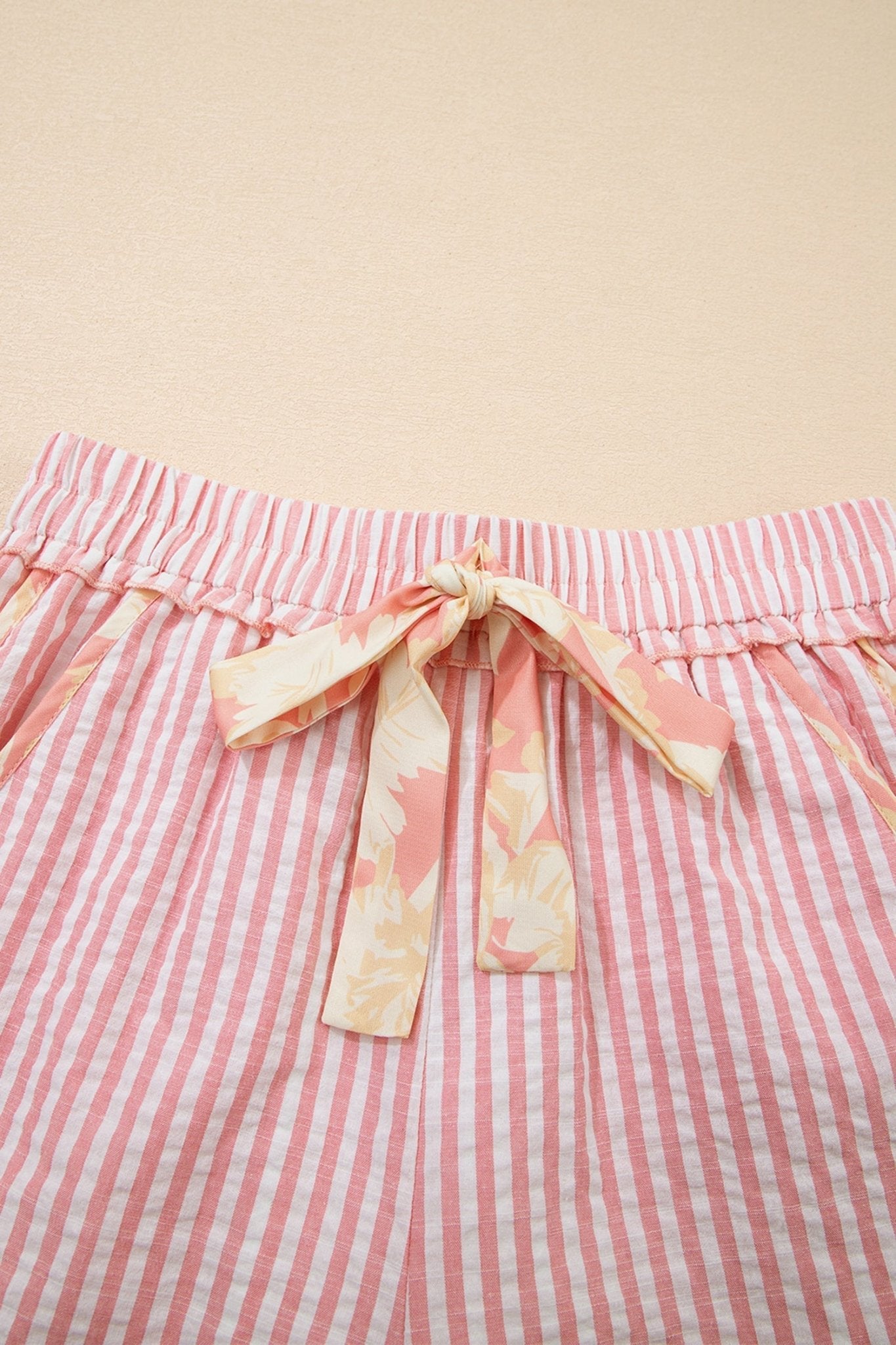 Stripe Floral Trim Ribbon Drawstring Waist Shorts - Rooted & Reckless Co.