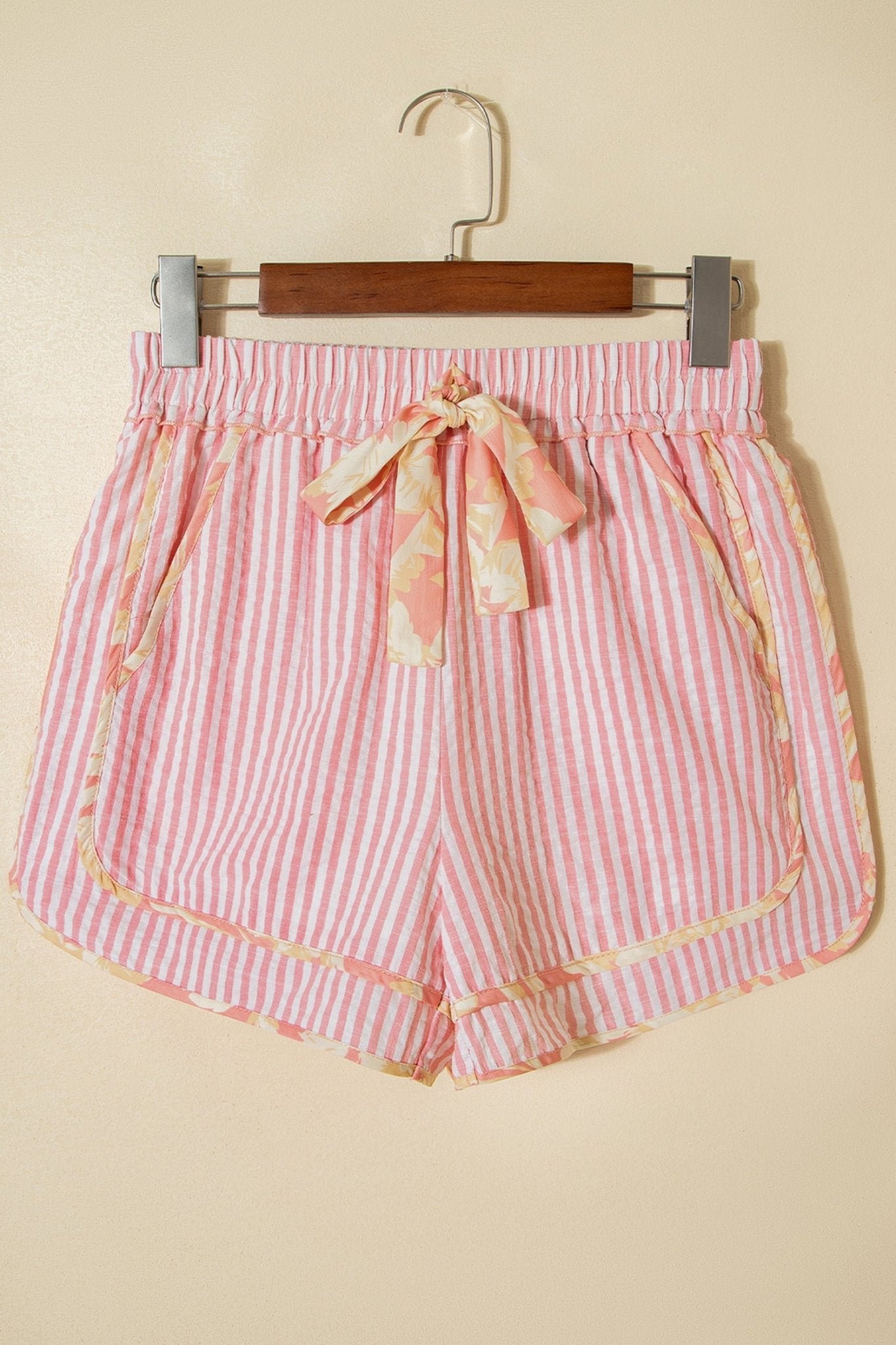 Stripe Floral Trim Ribbon Drawstring Waist Shorts - Rooted & Reckless Co.