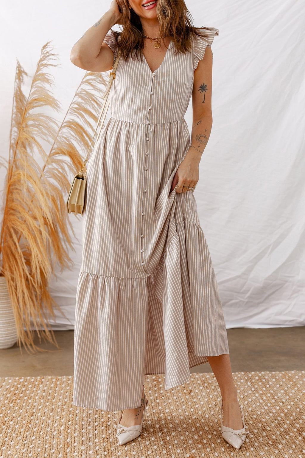 Stripe Flutter Sleeve Buttoned V-Neck Maxi Dress - Rooted & Reckless Co.